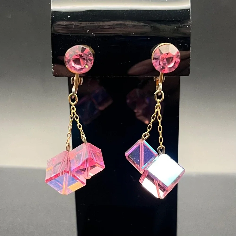 Vintage Pink AB Crystal‎ Cube Clip On Earrings Mid Century Geometric Drop 2